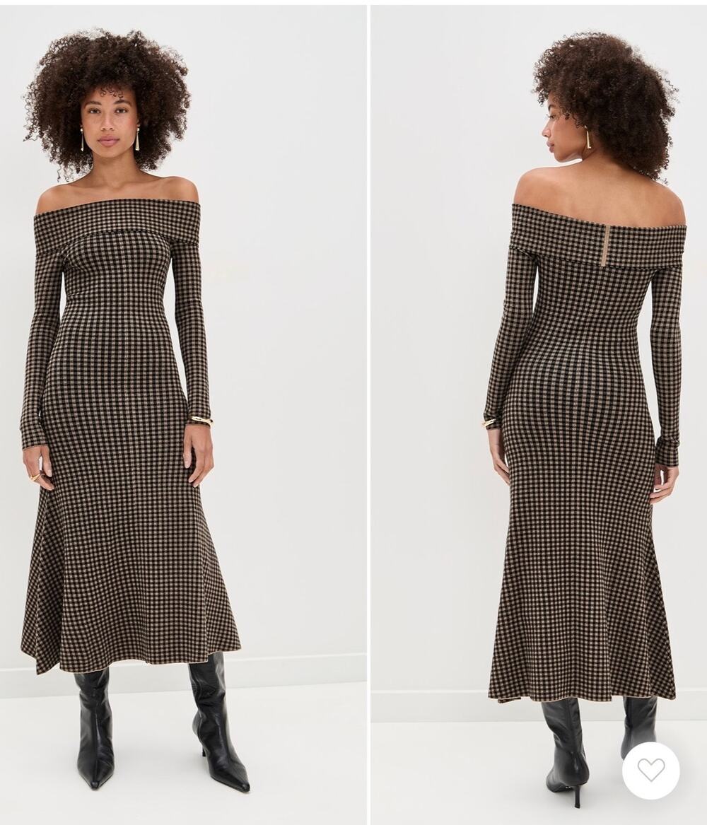 LE BOP Gingham Knit Off Shoulder Dress Chocolate/Black Size large